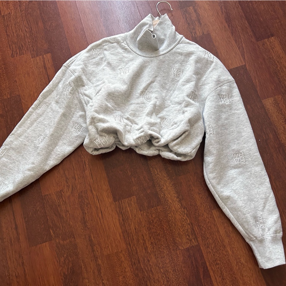 Alexander Wang All Over Logo Embroidery Monogram Turtleneck Sweatshirt Crop Top - Picture 7 of 17